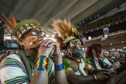 France, Paris, UNESCO Headquarters, conference at Earth University on November 25, 2022, Amazonian leader of the Ashaninka people in Brazil  Benki Piyako and Papuan Chief Mundiya Kepanga