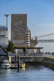 Portugal, Lisbon, Belem District, Padrao dos Descobrimentos (Monument to the Discoveries) dated 1960 and the 25 de Abril bridge on Tagus river