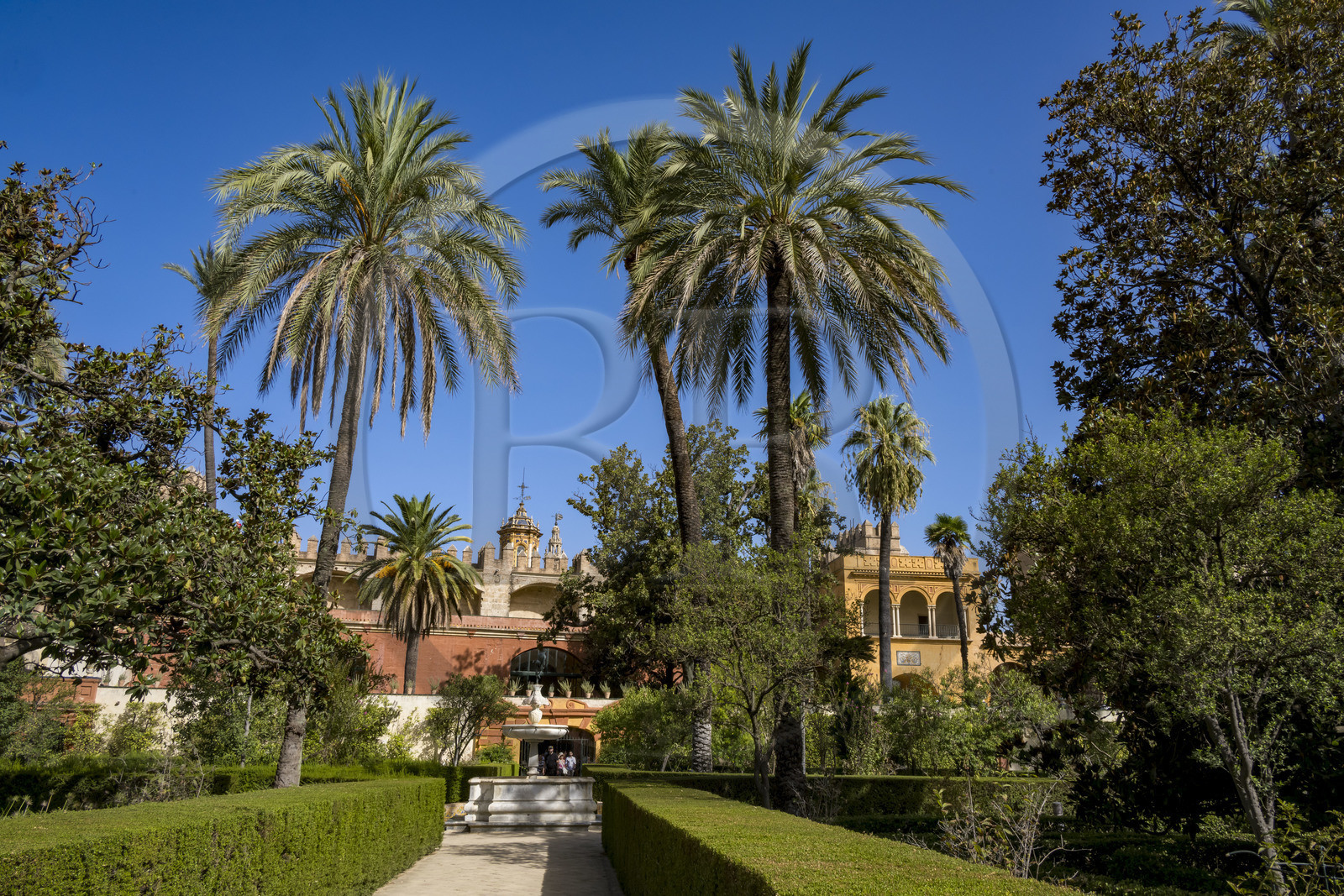 Spain, Andalusia, Seville, the Alcazar of Seville (Reales Alcazares de Sevilla), listed as World Heritage by UNESCO, garden of the Dames (jardin de las Damas), fountain of Neptune