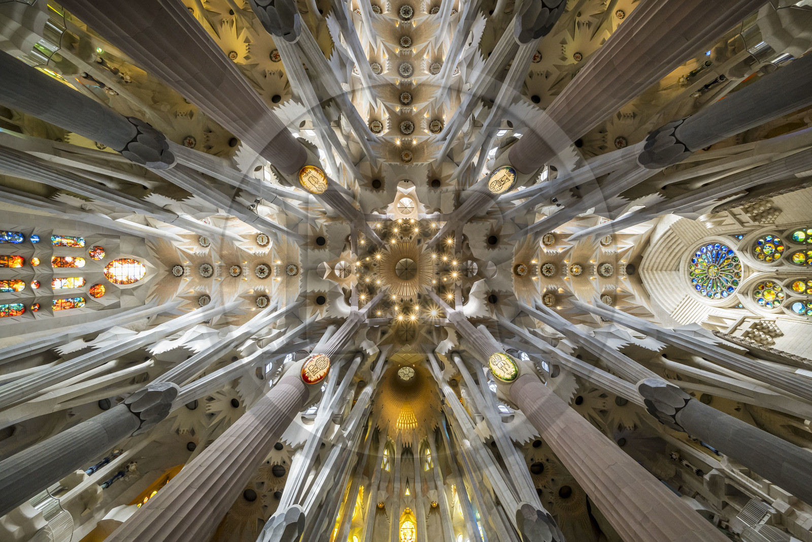 Spain, Catalonia, Barcelona, Eixample district, Sagrada Familia basilica by Catalan modernist architect Antoni Gaudi, listed as a UNESCO World Heritage Site, panoramic view of the transept crossing which symbolizes the heavenly Jerusalem, the apse is at the bottom, the east on the right, the west on the left