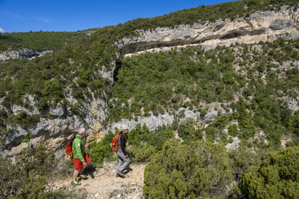 France, Vaucluse, Mont Ventoux Regional Natural Park, Monieux, Gorges de La Nesque, hikers progressing on a path on the heights facing the rocky bars