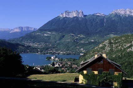 France, Haute Savoie, castle and village of Duingt on the Annecy lake seen from a chalet