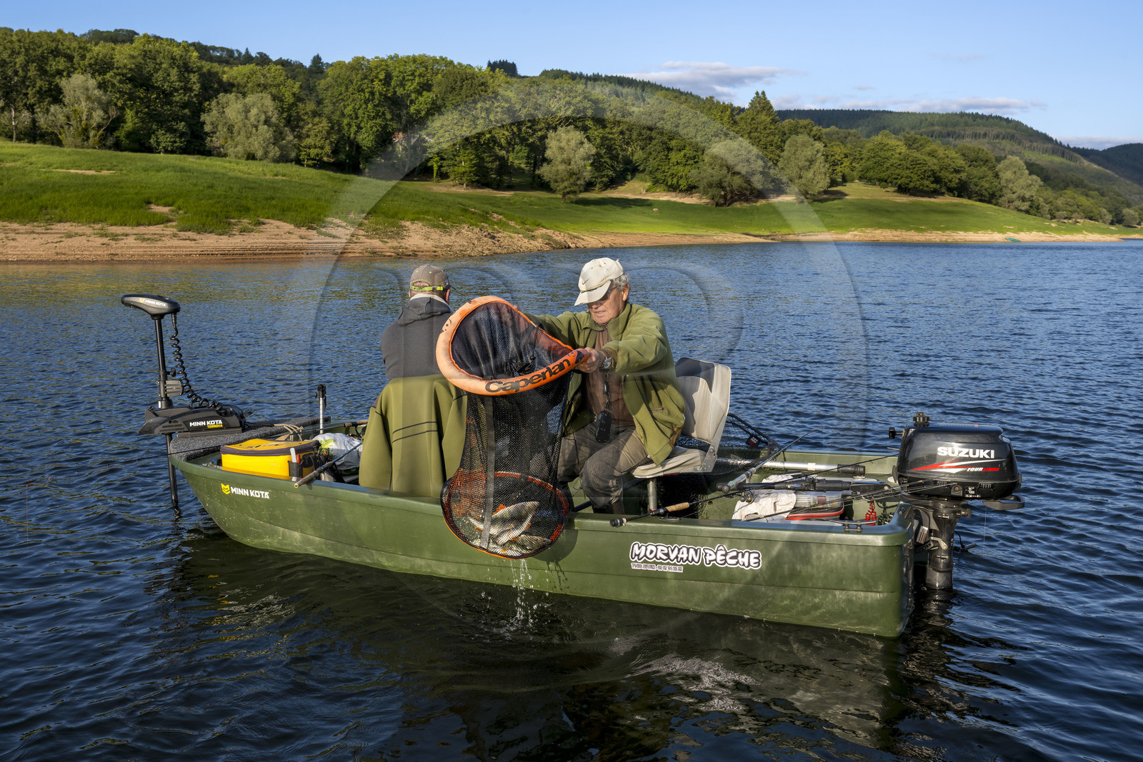 France, Nievre, Regional Natural Park of Morvan, Chaumard, Pannecière lake, fishing on a boat, Claude and Christophe caught a barred perch