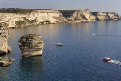 France, Corse-du-Sud (2A), Bonifacio, les falaises calcaires et le rocher appelé Grain de Sable au premier plan (vue aérienne)