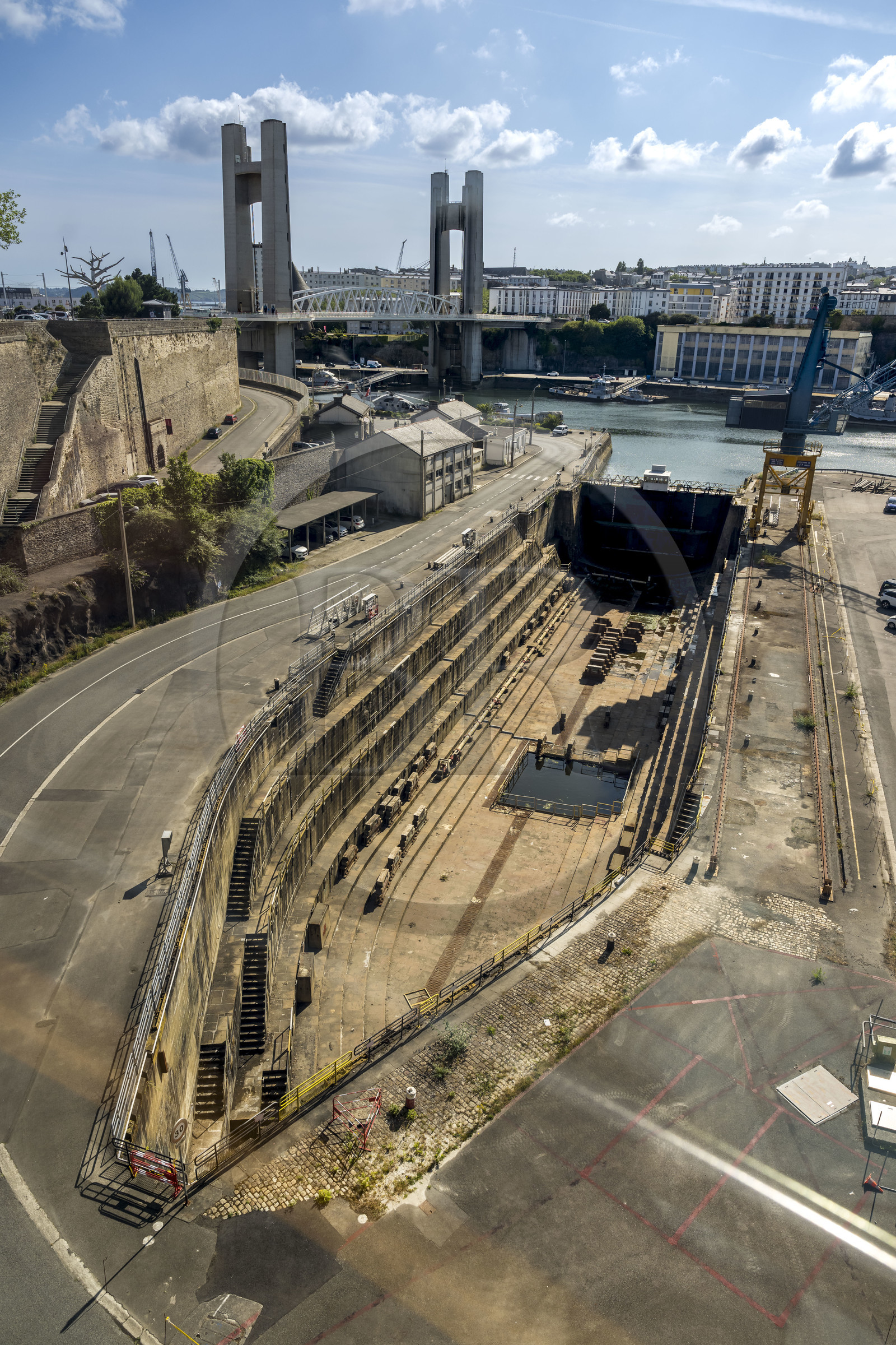 France, Finistère, Brest, the arsenal, the military port is a naval base of the French Navy, refit basin No. 1 known as Tourville basin and the Recouvrance bridge