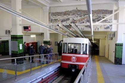 Turkey, Istanbul, Beyoglu District, cable car in the upper station at Tunel