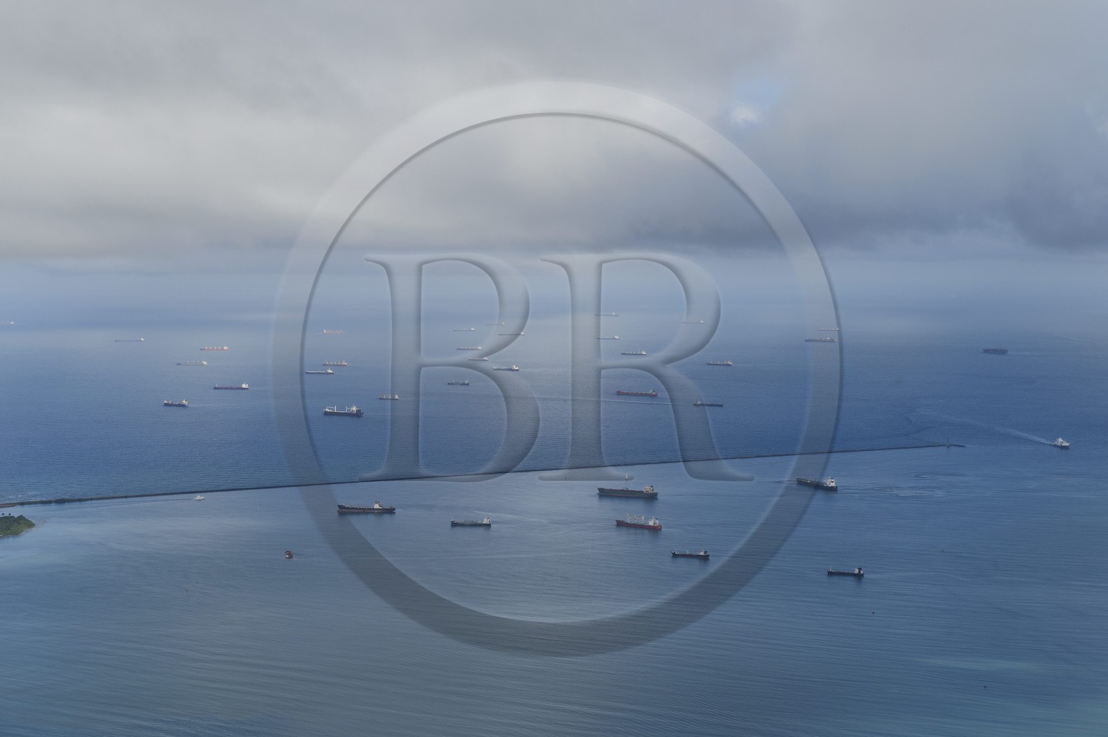 Panama, Colon province, the Limon Bay (Bahia Limon) in the Caribbean Sea at the output of the Panama Canal on the Atlantic side provides anchorage for ships waiting to transit (aerial view)