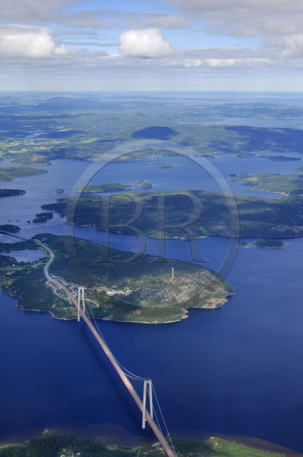 Sweden, Västernorrlands, High Coast Bridge (Höga Kusten Bridge) suspension bridge on the European route E 4 in the North of Härnösand (aerial view)