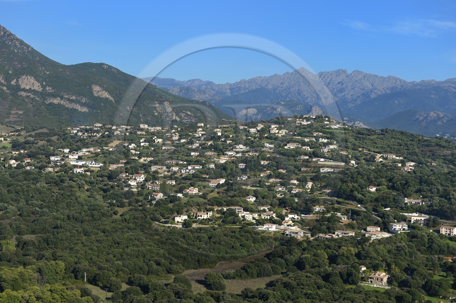 France, Corse du Sud, Ajaccio region, Bastelicaccia and Prunelli valley in the background (aerial view)