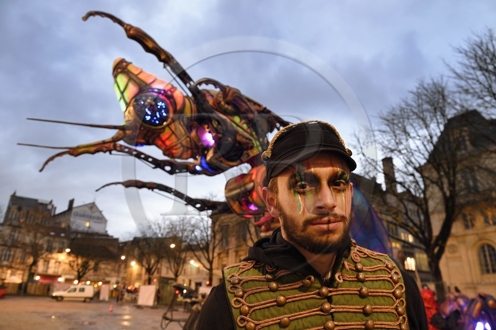 France, Meurthe-et-Moselle, Nancy, preparations for the parade of Saint-Nicolas place Carnot, Twelve-metre grasshopper with a colorful look from the Microcosmos of the Planète Vapeur company and its driver