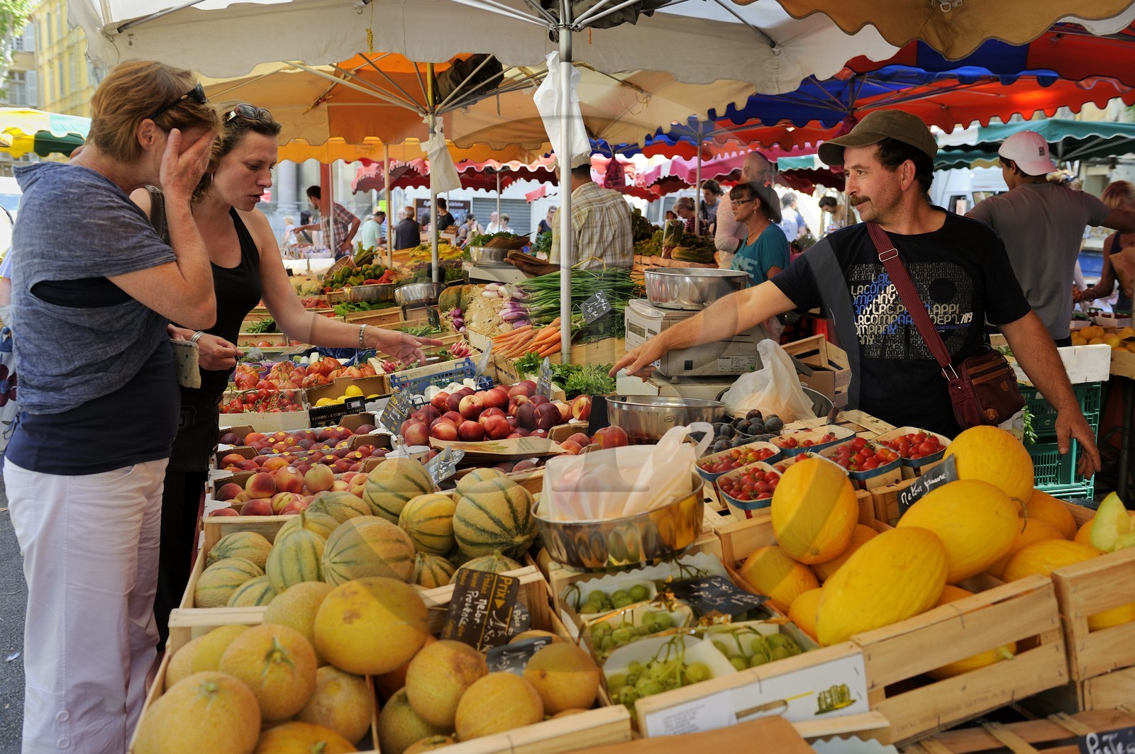 France, Bouches-du-Rhone, Aix-en-Provence, market on Place de l'Hotel de Ville, fruit and vegetable stall