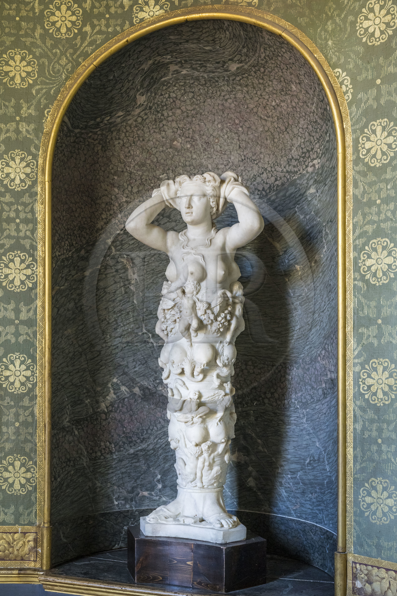 France, Seine-et-Marne, Fontainebleau, castle of Fontainebleau listed as World Heritage by UNESCO, Rotunda, marble statue representing an allegory of Nature made by Niccolo Pericoli called Tribolo and commissioned by Francois I in 1529 to serve as a support for a bowl