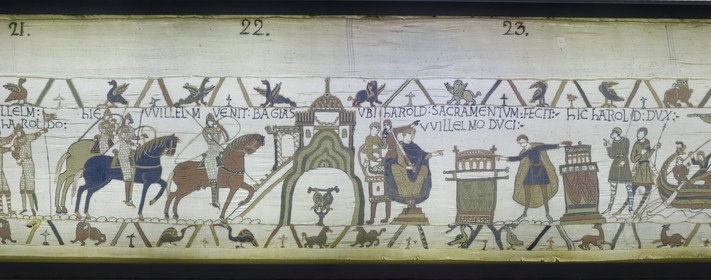 France, Calvados (14), Bayeux, la tapisserie dite de la Reine Mathilde qui raconte l'invasion de l'angleterre par Guillaume Le Conquérant