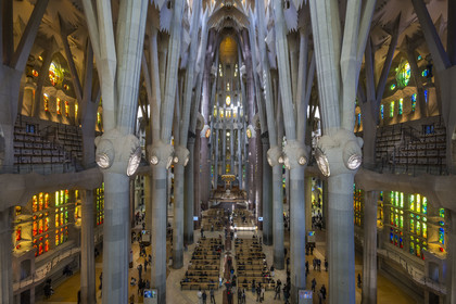 Espagne, Catalogne, Barcelone, quartier de l'Eixample, basilique de la Sagrada Familia de l'architecte du modernisme catalan Antoni Gaudi classée Patrimoine Mondial de l'UNESCO, vue de la nef depuis la facade de la Gloire