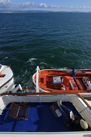 Iceland, Reykjavik, cruise ship Princess Danae leaving the bay, terrace of luxury cabins