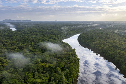 France, Guyane, Kourou, Camp Maripas, le fleuve Kourou traversant la forêt tropicale (vue aérienne)
