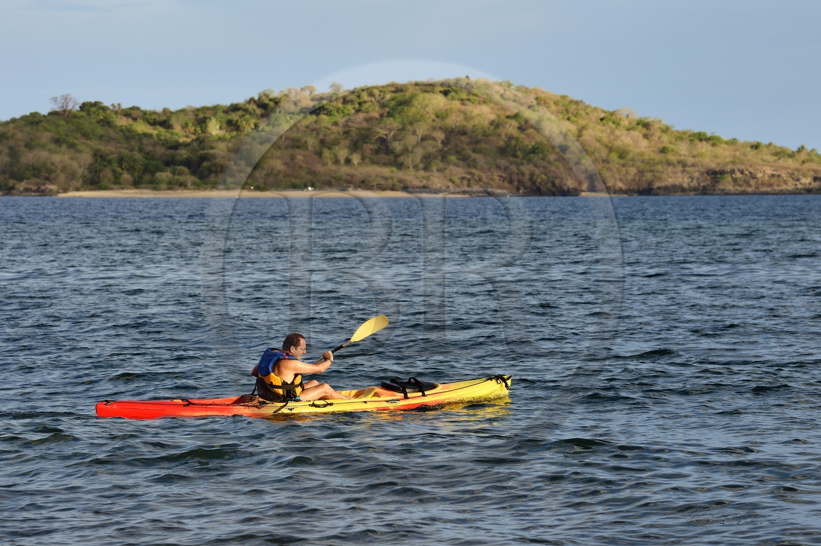 France, Mayotte island (French overseas department), Grande-Terre, Nyambadao, kayaking next to Sakouli beach and Bandrele island in the background