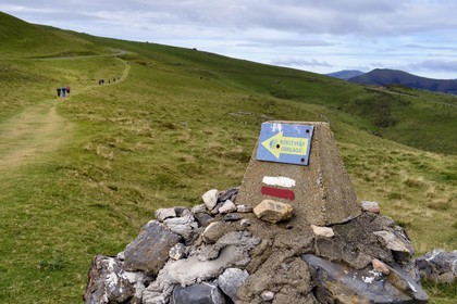 France, Pyrénées-Atlantiques (64), Pays-Basque, chemin de Saint-Jacques de Compostelle, marque du sentier de randonnée du GR 65 sur la montagne Urculu entre Saint-Jean-Pied-de-Port et Roncevaux, panneau de direction pour Roncevaux en français et basque