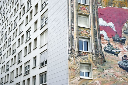 France, Charente (16), Angoulême, Rue de la Grand-Font, New York sur Charente, détail du mur peint d'après un dessin original de Nicolas de Crécy et réalisé par la Cité de la création en 2001
