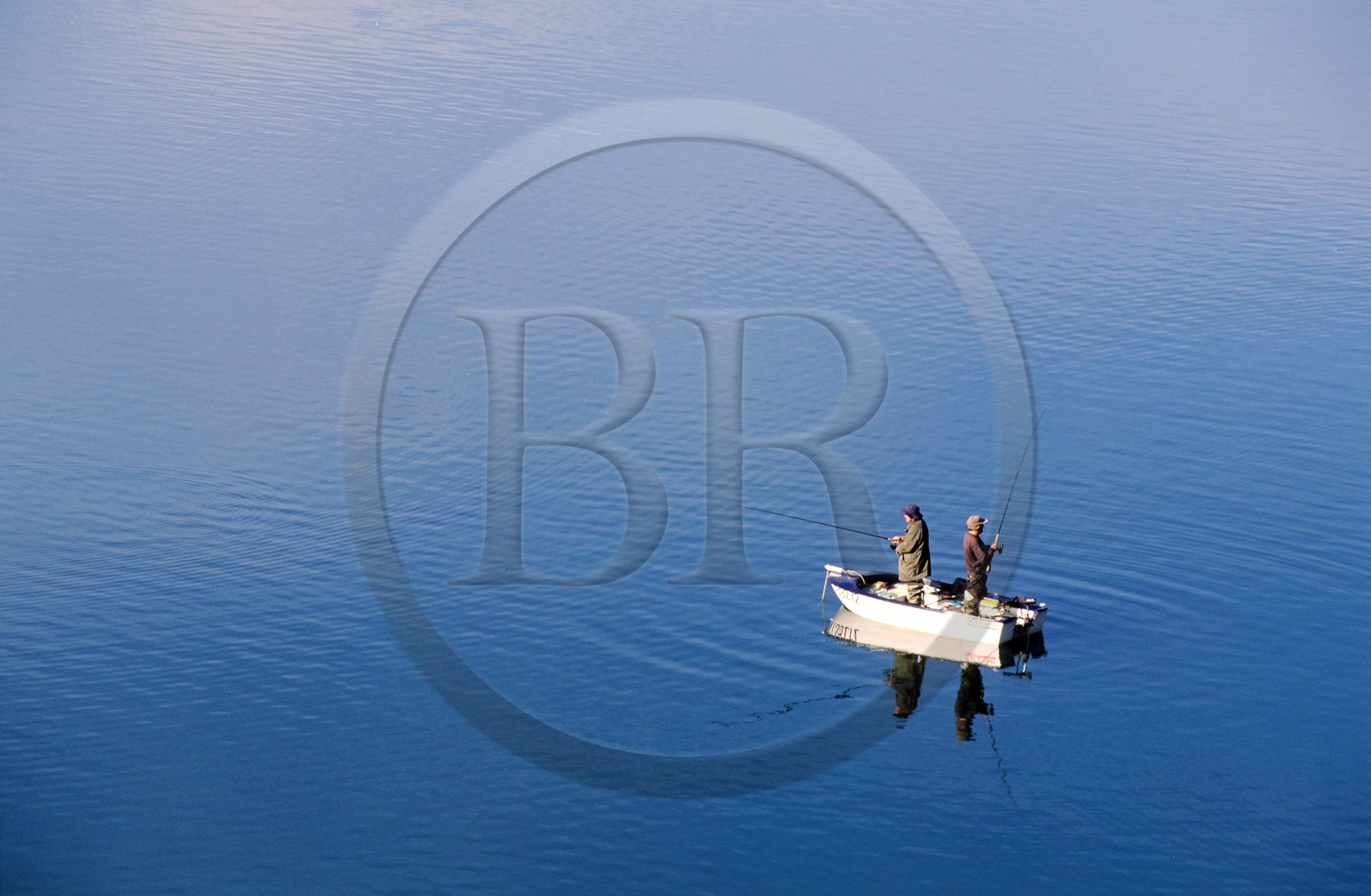 France, Pyrenees Orientales, fishermen on Lake Caramany in Fenouilledes