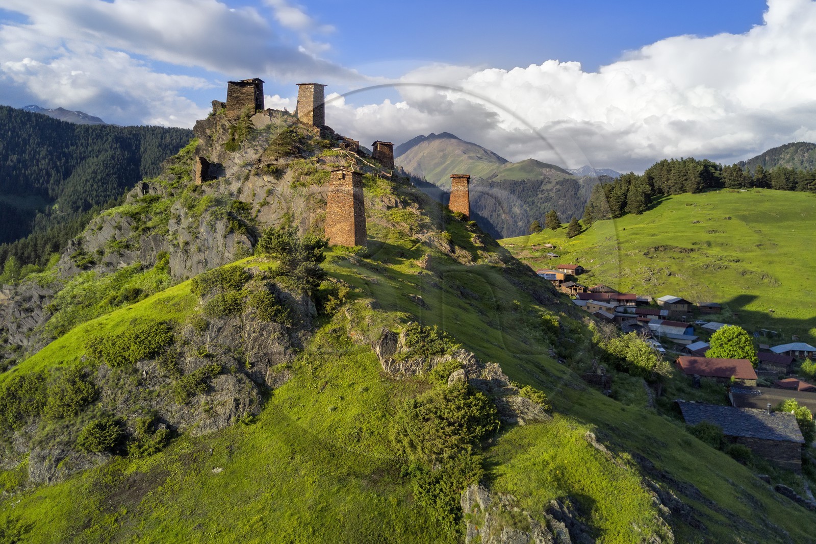Georgia, Kakheti, Tusheti region, Omalo, the fortress of Keselo in Zemo (upper) Omalo served as a refuge for locals in wartime, medieval fortified towers (aerial view)
