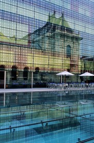 France, Nord, Lille, reflection of the old building of Fine Art Museum in the modern front
