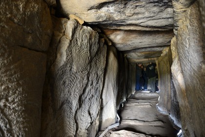 France, Morbihan (56), Golfe du Morbihan, galerie couverte entièrement gravée du Cairn de Gavrinis 3500 avant JC