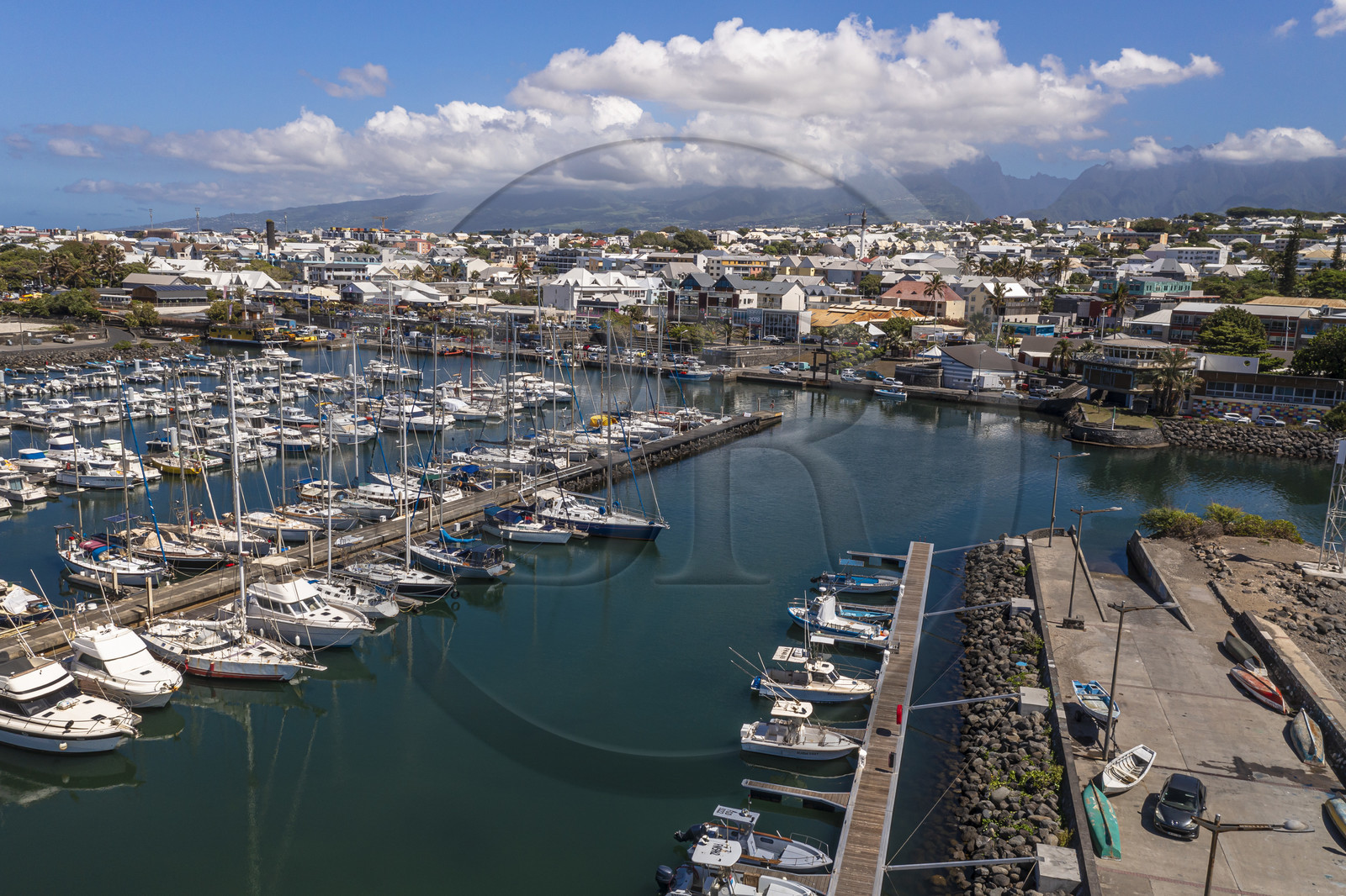 France, Reunion island (French overseas department), Saint Pierre, the marina and fishing port (aerial view)