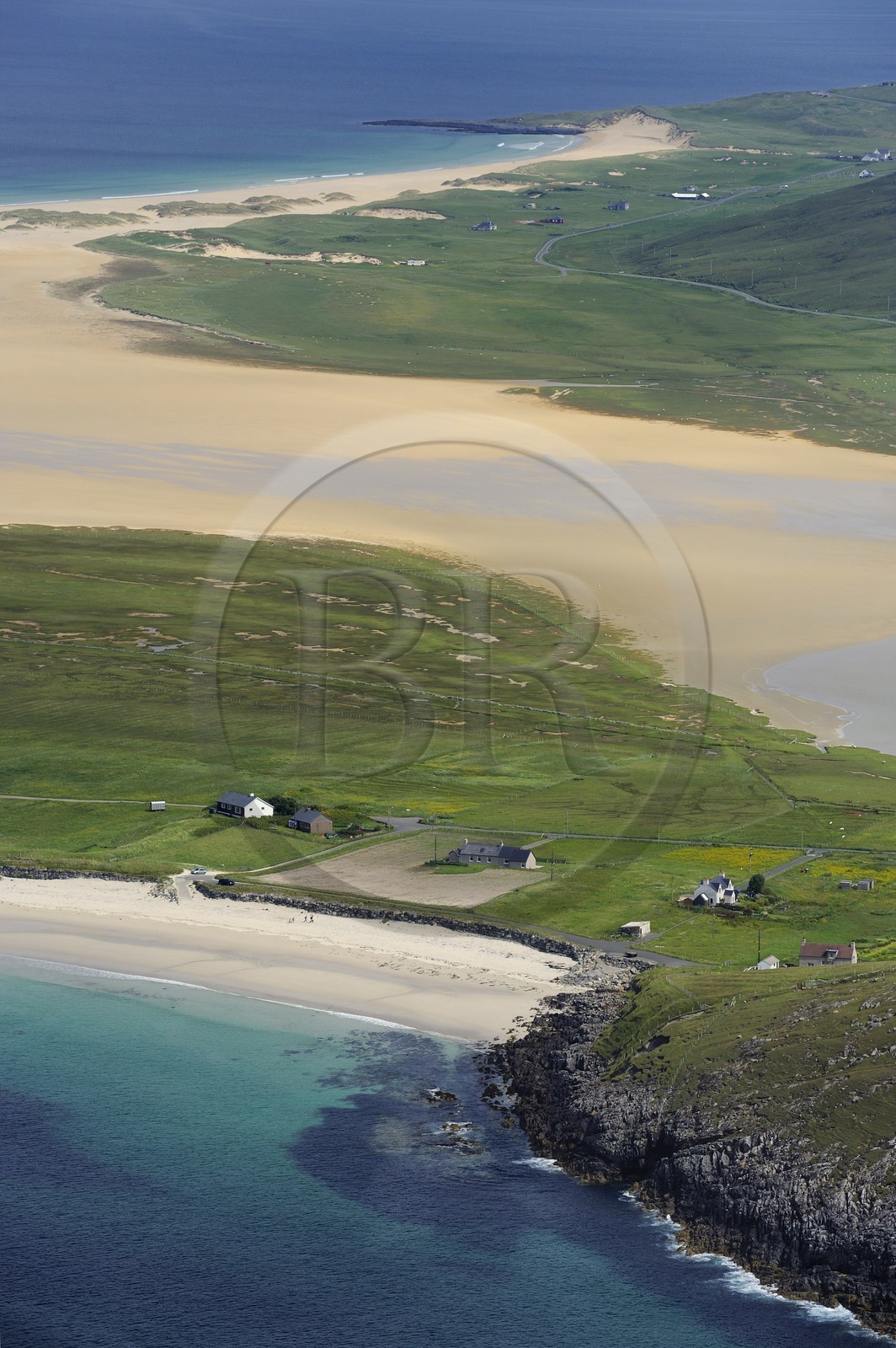 United Kingdom, Scotland, Outer Hebrides, Lewis and Harris Island, South Harris, Rodel, white sand beaches at Leverburgh (aerial view)