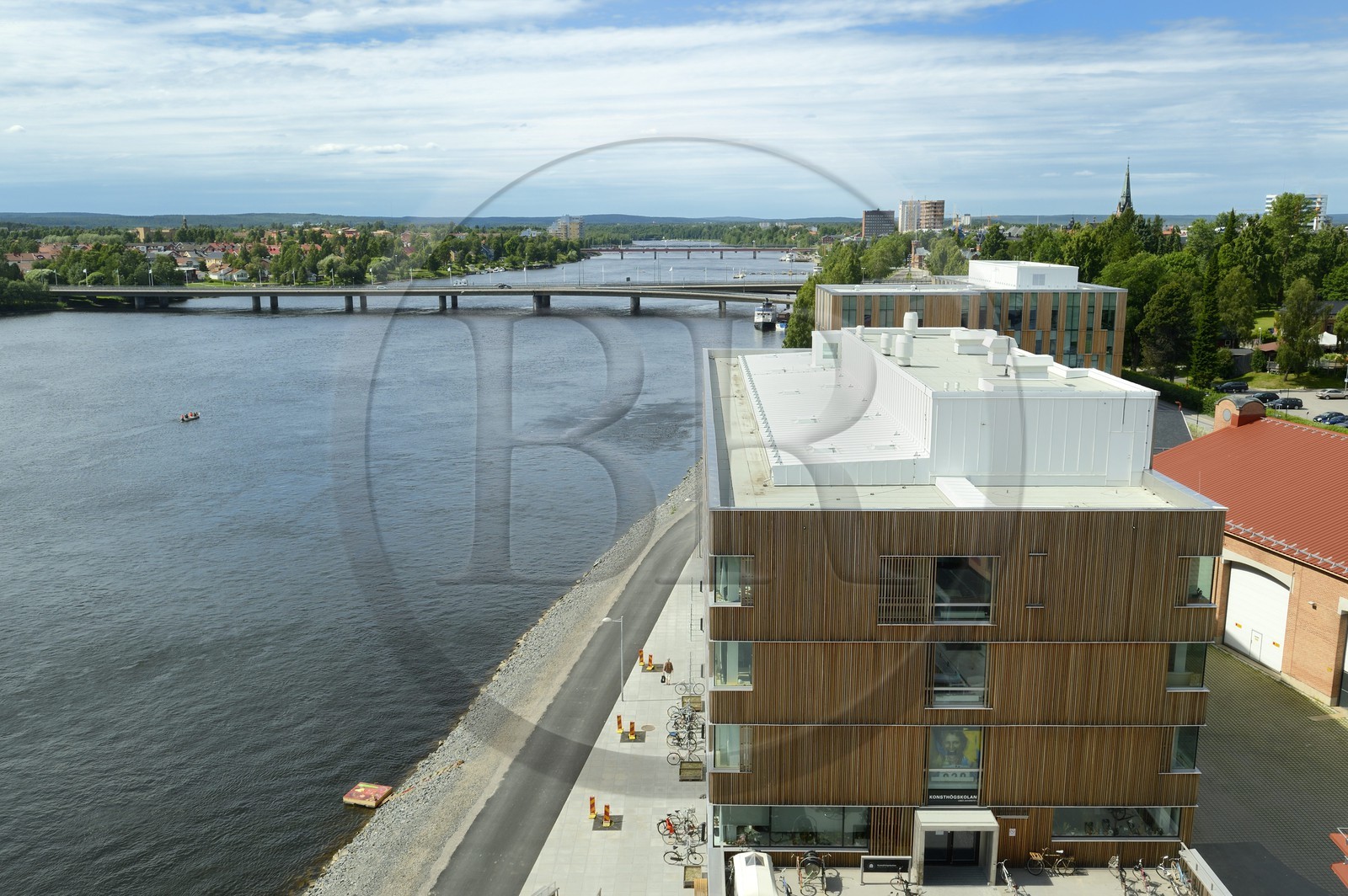 Sweden, Vasterbotten County, Umea, Umea Arts Campus along the Ume River (Umeälven)