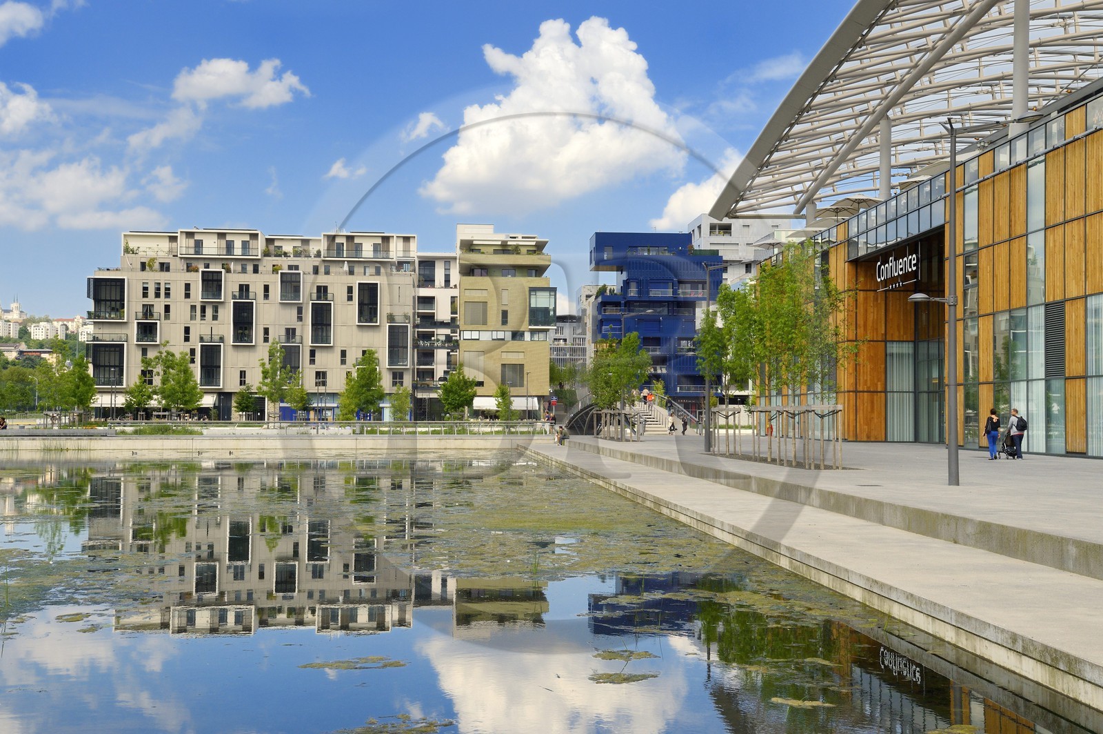 France, Rhône (69), Lyon, nouveau quartier de La Confluence au sud de la Presqu'île, jardin aquatique Jean Couty, le centre commercial de Confluence et des immeubles d'habitation en arrière plan
