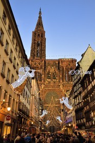 France, Bas Rhin, Strasbourg, old town listed as World Heritage by UNESCO, Christmas decoration, Rue Merciere and Notre Dame Cathedral