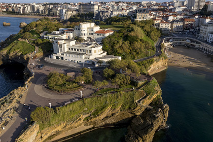 France, Pyrenees Atlantiques, Basque Country, Biarritz, the Art Deco Aquarium and Sea Museum built in 1933 and the Port-Vieux beach on the right in the background (aerial view)