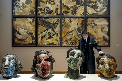 France, Paris, Musée Maillol art museum, German painter and sculptor Markus Lüpertz during his exhibition in dialogue with the work of Aristide Maillol, painted bronzes and mixed media on paper