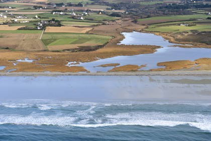France, Finistere, Bay of Audierne, Kergalan pond located in the municipality of Treogat (aerial view)