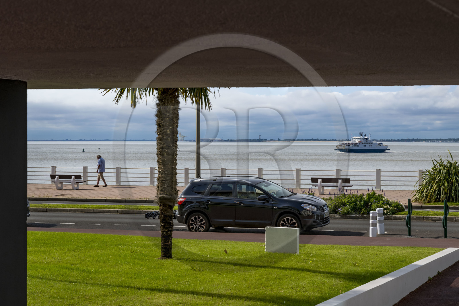 France, Charente-Maritime, Royan, under the convention center (1957) designed by the architect-urban planner Claude Ferret and the ferry which crosses between Pointe de Grave and Royan in the background