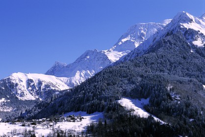 France, Haute Savoie, view of the Mont Blanc massif from the village of Saint Nicolas de Veroce