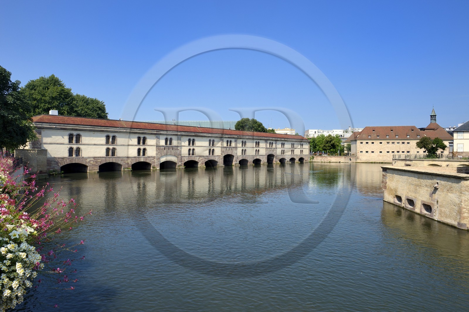 France, Bas Rhin, Strasbourg, old town listed as World Heritage by UNESCO, Petite France District, the Barrage Vauban (Vauban weir) and the E.N.A. school (National School of Administration) in the former prison for women on the right