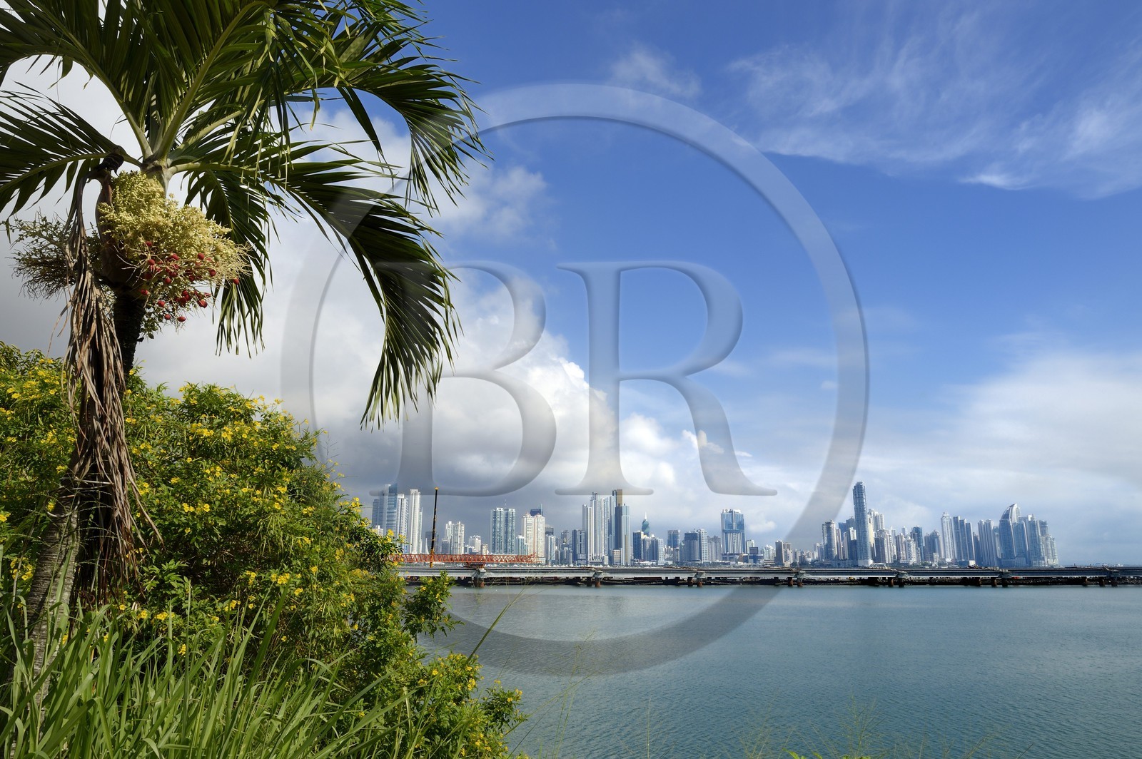 Panama, Panama City, the waterfront and skyscrapers seen from Casco Antiguo (Viejo) quarter, Colon point and the Trump tower in background right