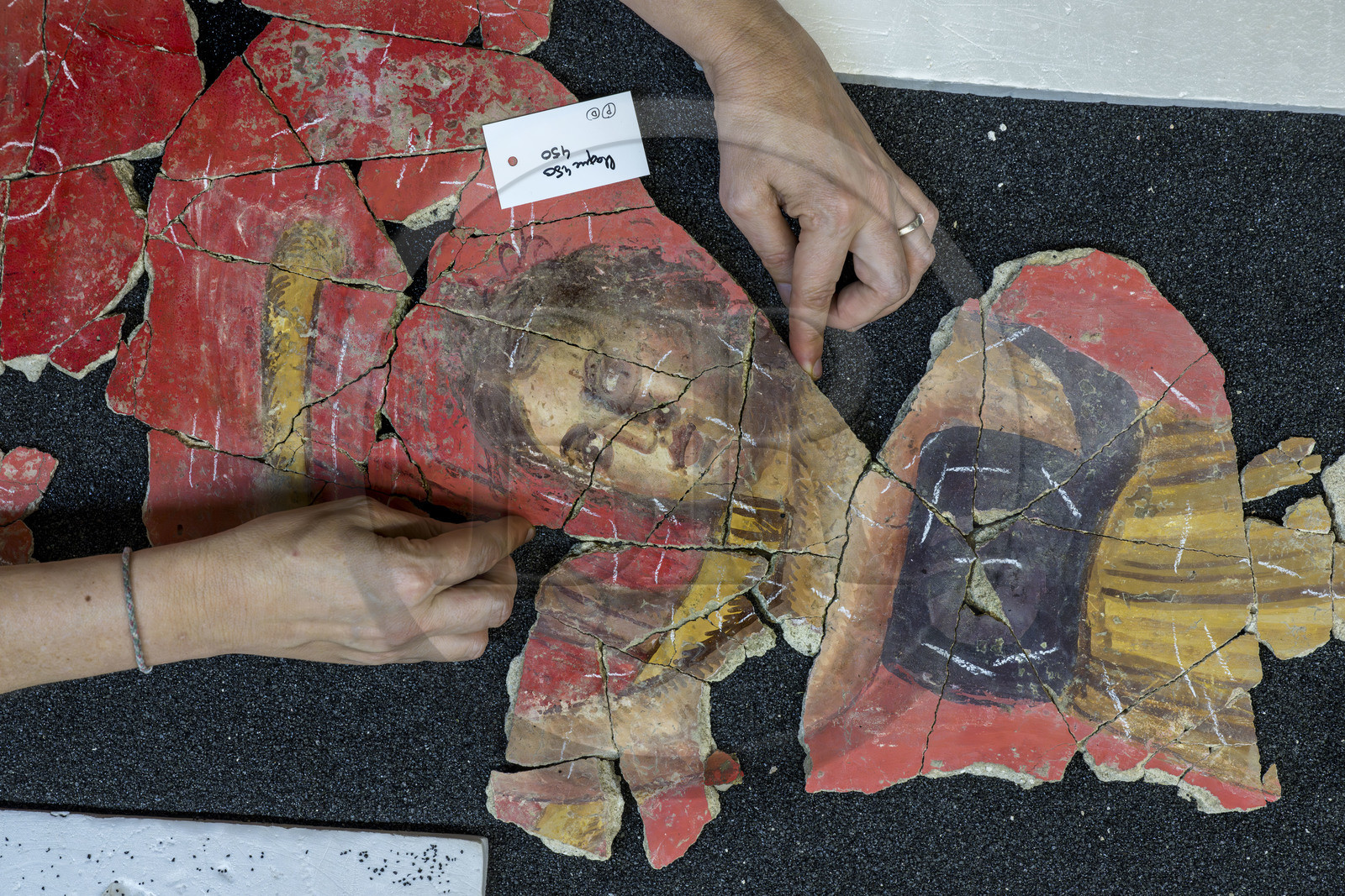 France, Bouches-du-Rhône (13), Arles, musée départemental Arles antique, dans les réserves du musée, issu des fouilles des ruines de la maison de la harpiste (entre 70 et 50 av. J.-C.) dans le site de l'ancienne verrerie de Trinquetaille sur la rive droite du Rhone, assemblage de fragments de la peinture murale à fresque adoptant du rouge vermillon avec le pigment le Cinabre le plus couteux du monde romain, la figure d’une harpiste qui a donnée son nom à la villa