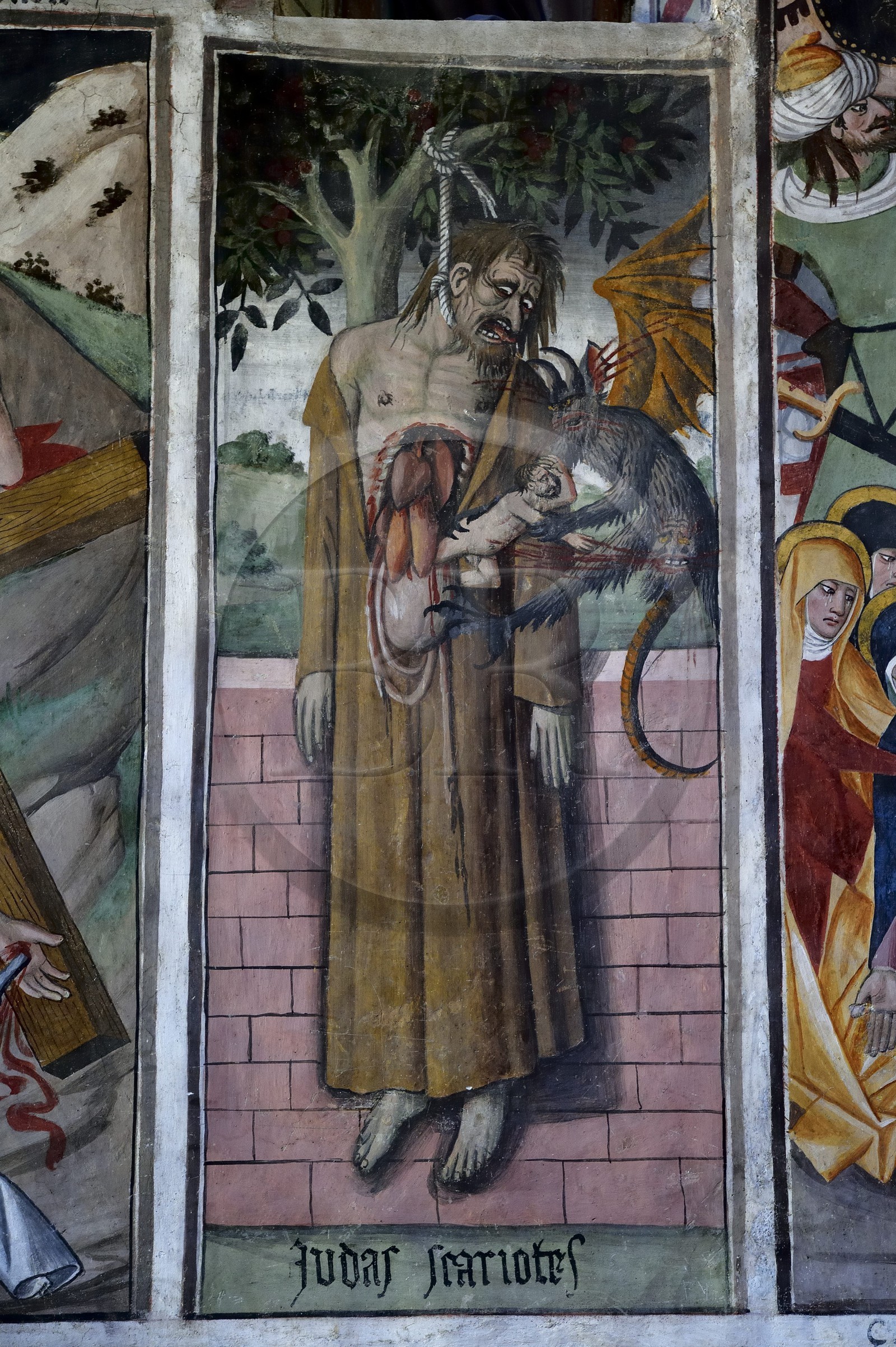 France, Alpes-Maritimes (06), vallée de la Roya, La Brigue, chapelle de Notre-Dame-des-Fontaines, fresques du XVe siècle attribuées à Jean Canavesio, Judas pendu