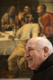 Croatia, Dalmatia, Dalmatian Coast, Franciscan Monastery on the island of Krapanj in front of Sibenik, brother and father John (Ivan Lelas) and The Last Supper (the 16th century) from  Francesco da Santacroce in the background