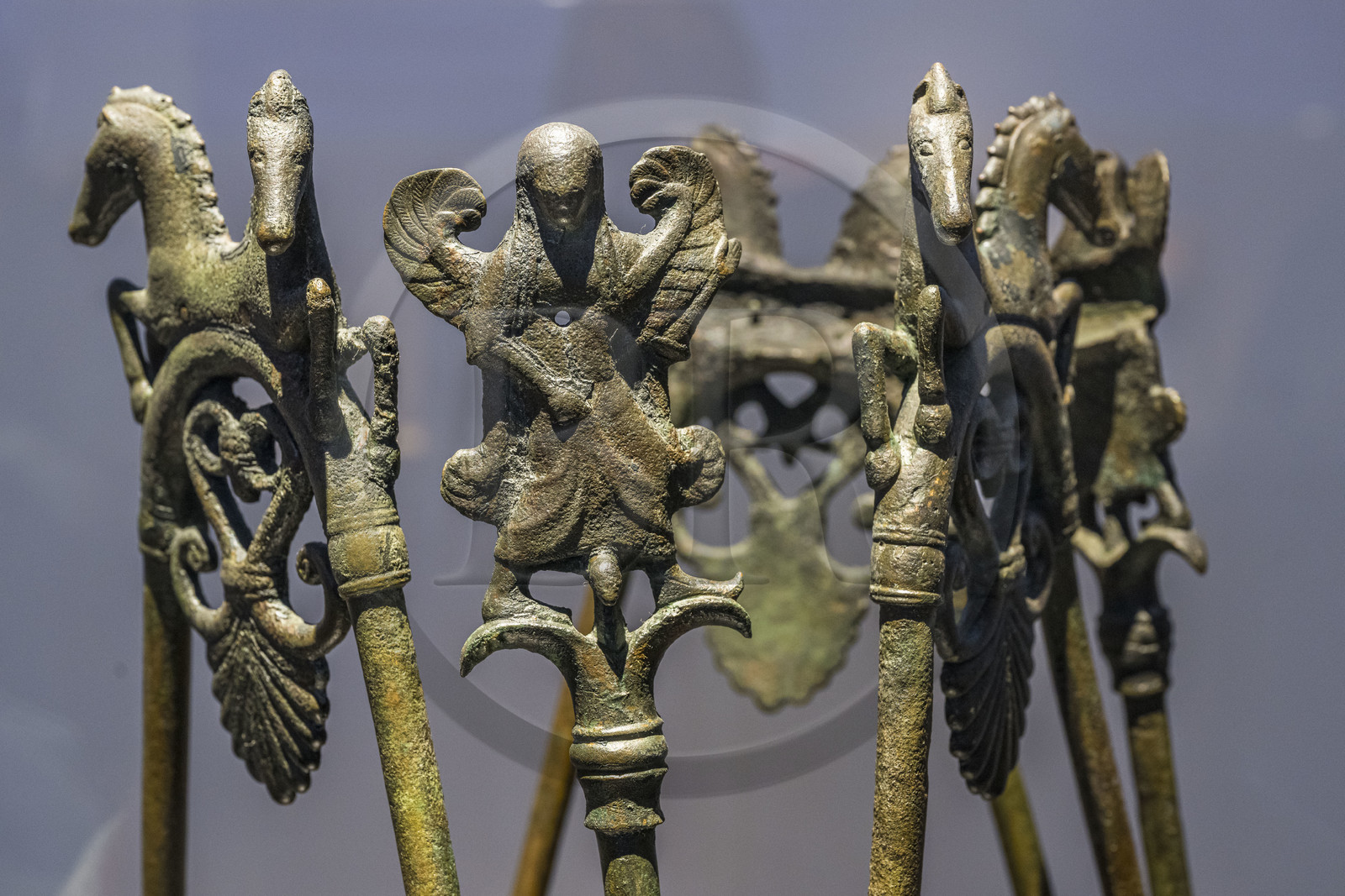 France, Gard, Nimes, Romanity museum (Musée de la Romanite), Etruscan tripod from the site of the Tour de Castellas Marseillan Plage in Hérault, bronze (6th-5th century BC)(temporary exhibition)