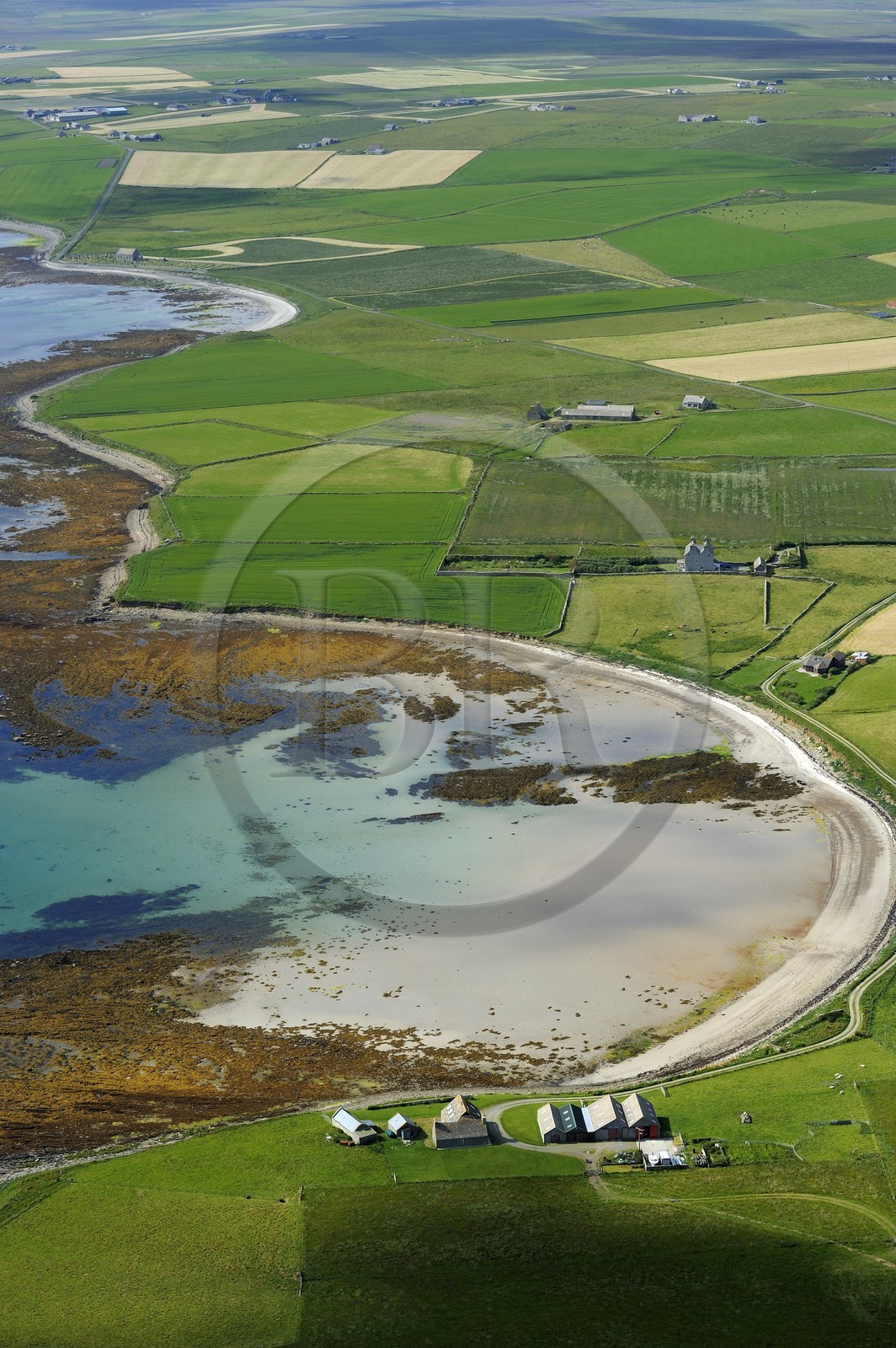 United Kingdom, Scotland, Orkney Islands, Mainland Island, farm by the Bay of Comquoy on the south coast (aerial view)