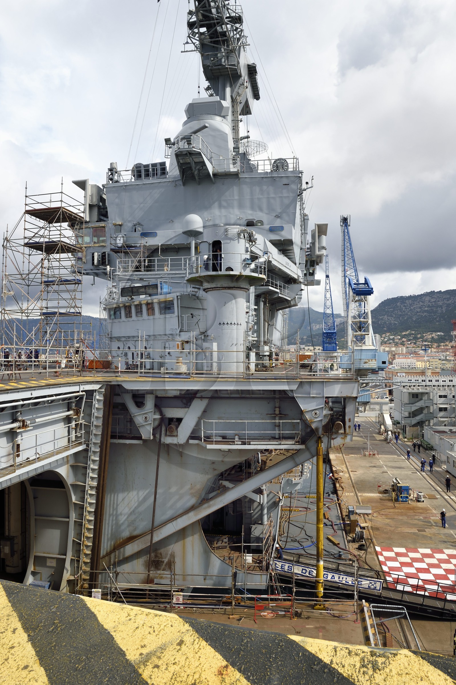 France, Var, Toulon, the naval base (Arsenal), the Charles de Gaulle nuclear-powered aircraft carrier on mid-life renovation, one of the giant elevators for the planes and the central island