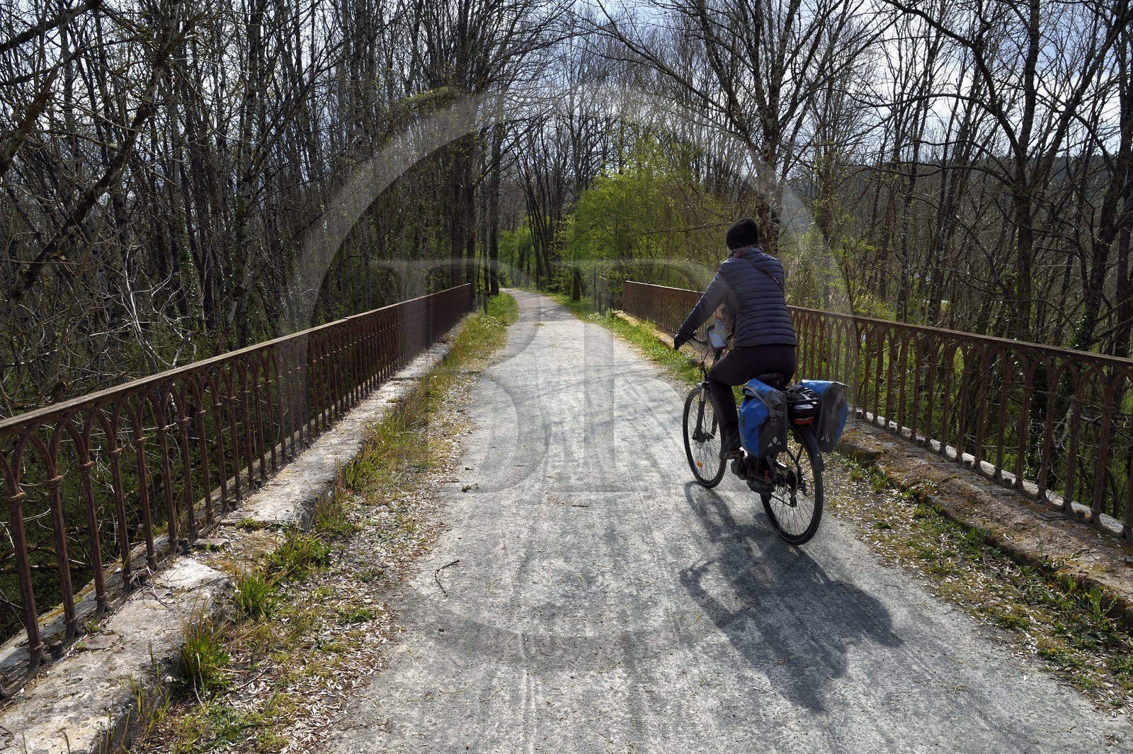 France, Dordogne, Périgord Vert, Saint Jean de Cole labelled Les Plus Beaux Villages de France (The Most Beautiful Villages of France), cyclist on the green lane of the Flow Vélo cycle route which follows the old railway line