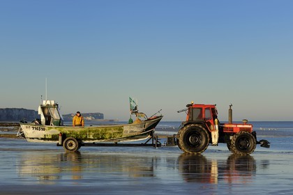 France, Seine-Maritime (76), Veules-les-Roses, départ à la pêche à bord du bateau La Pomme tiré par un tracteur sur la plage