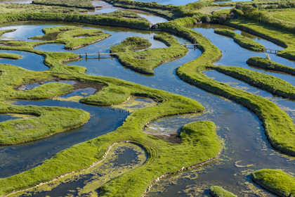 France, Vendée (85), Talmont-Saint-Hilaire, marais de la Guittière dans l'arrière pays de la Pointe du Payré, passage du Cul d’Ane, marais aménagés pour la pisciculture de dorades, mulets et anguilles (vue aérienne)