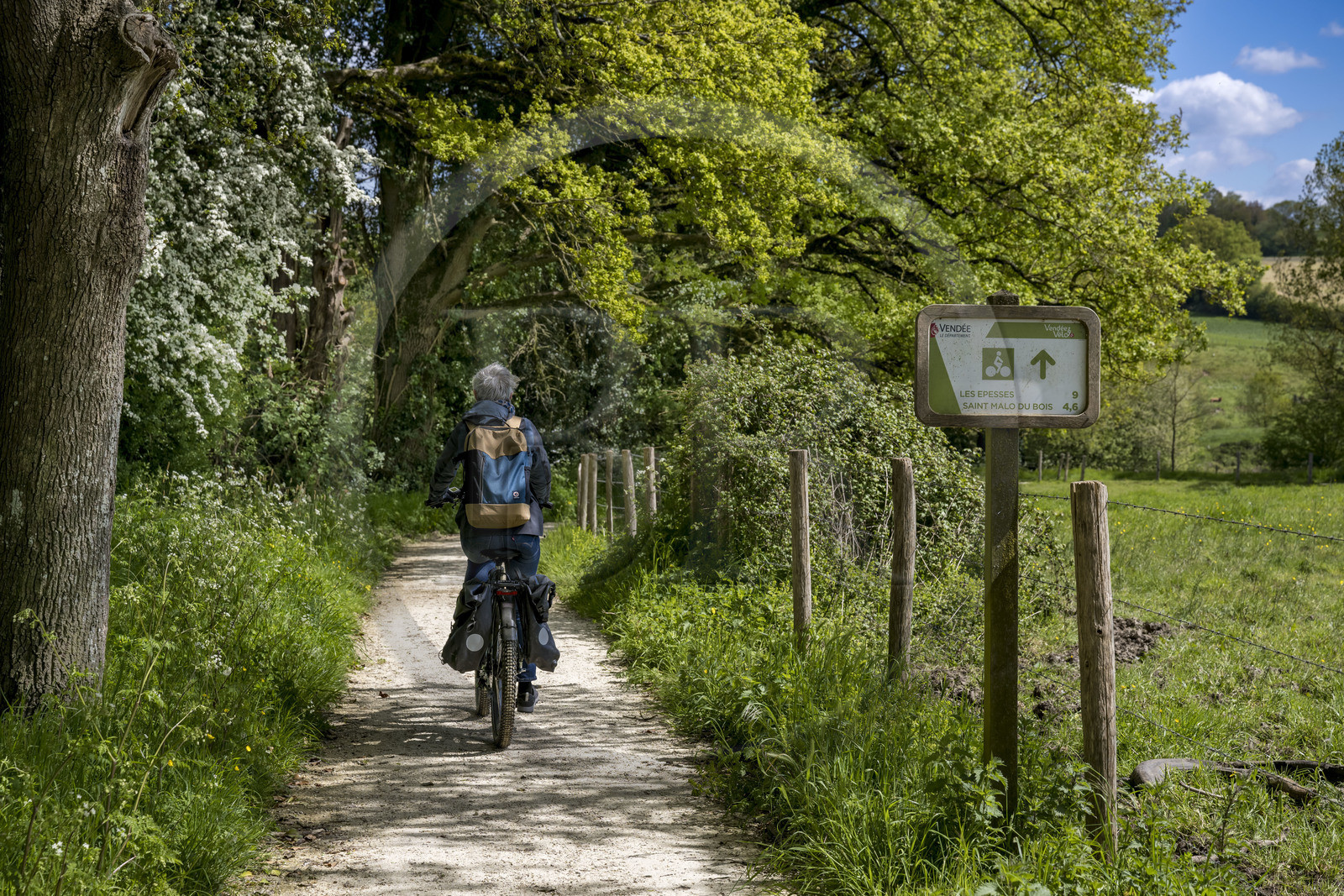 France, Vendée (85), Saint-Laurent-sur-Sèvre, randonnée cycliste sur la piste de la véloroute Vendée Vélo Tour, panneau de la Vendée Vélo