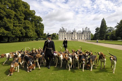 France, Loir-et-Cher (41), château de Cheverny, les piqueux Vol au Vent et La Rosée qui gèrent la meute de 90 chiens de chasse à cour